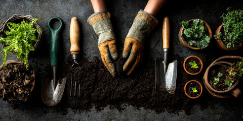 Hands Planting Seeds in Dark Soil: Flatlay of Gardening Tools and a Growing Sprout