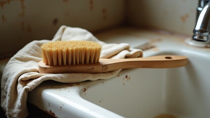 Used eco-friendly dish brush with natural bristles &mdash; ideal for real life product photography and sustainable home storytelling