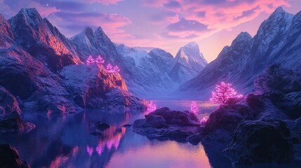 Obraz premium Frozen valley lake at dawn, glowing trees