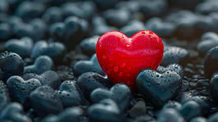 close up of red heart among black and small stones of heart shape. concept one big main love of all life, true love © AI Bay