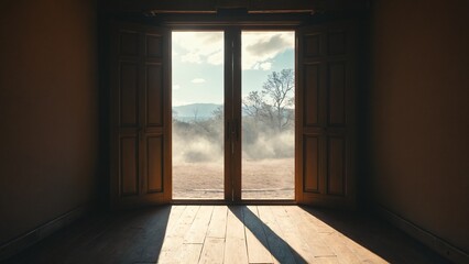 Fototapeta premium Sunbeams Through Doorway in Abandoned Building – Atmospheric Light and Urban Decay