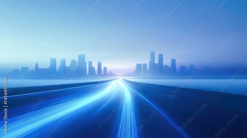 Aufkleber 青い光の道が都市へと続く未来的な風景 夜空の摩天楼と光の線が印象的