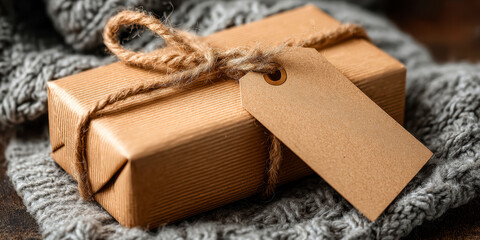 Small Brown Kraft Paper Wrapped Gift with Blank Tag