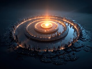 A futuristic, spiral landscape with a glowing center, surrounded by architectural structures on a dark, ethereal terrain.