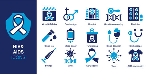 HIV & AIDS icon set. Containing AIDS ribbon, world AIDS day, blood donation, gender sign, hospital, virus and more. Solid vector icons collection. Vector illustration.