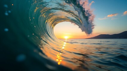 Sunset Tunnel Wave: A vibrant ocean wave curls into a glowing tunnel, framing a golden sunset with hues of blue, green, and orange against a calm sea and distant hills.