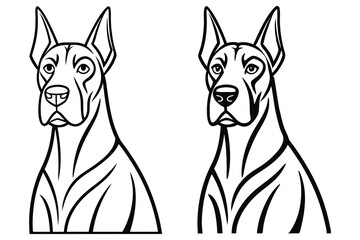 Two stylized Doberman dog portraits feature bold black outlines against a transparent background