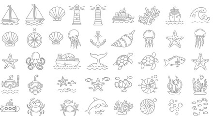 Obraz premium Outlined Marine Life and Nautical Elements in a Repeating Pattern