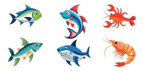 Different Fish Vector Illustration on White Background, Bundle of 6 Fishs