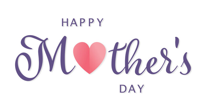 Purple Script Mother's Day Typography with Hearts Shape on White Background