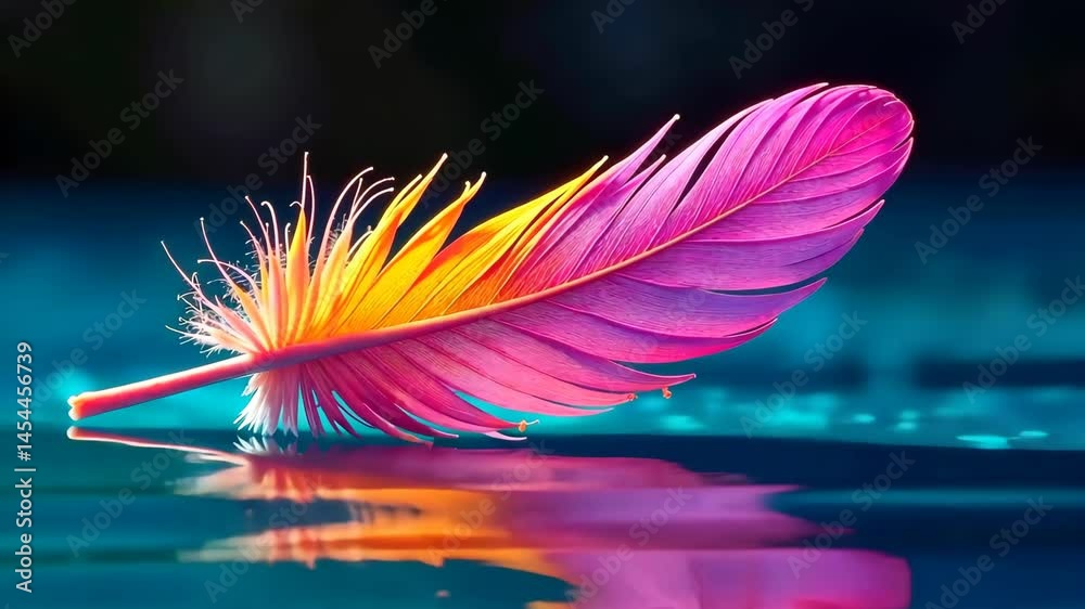 Poster a vibrant pink and yellow feather gently rests on shimmering turquoise water, creating a captivating