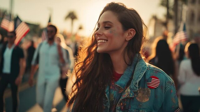 Girl in denim jacket with patriotic patches smiles at sunset party. Independence celebration under golden sun. Summer festival scene full of freedom, pride, USA joy, and holiday excitement.