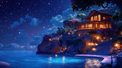 Fototapeta premium Coastal villa at night, bathed in warm light, overlooking a calm ocean under a starlit sky. Lush vegetation and stone steps lead to the house