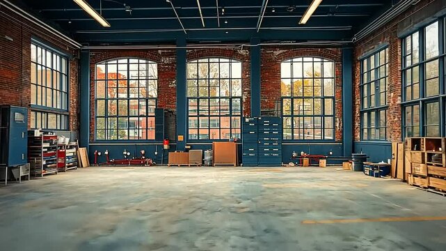 Spacious, industrial-style interior with exposed brick and large windows