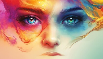 Vibrant abstract portrait of a woman's face, colorful eyes.