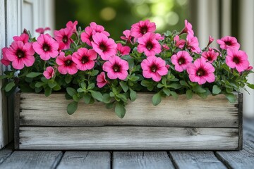 Fototapeta premium Wooden planter box filled with vibrant pink flowers