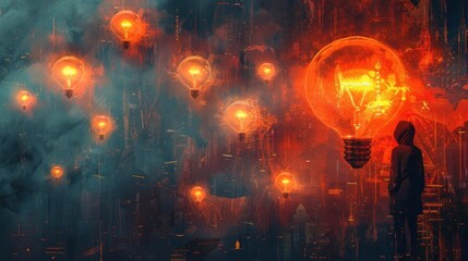 silent innovation war, floating startup lightbulbs blocked by giant shadow corporate icons 