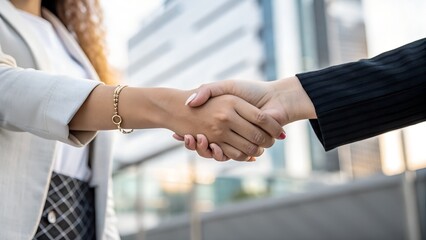 Two business people in suits shake hands, symbolizing a successful deal and corporate agreement
