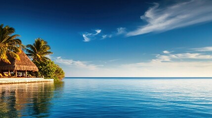 Fototapeta premium Serene tropical hut by tranquil ocean waters at dawn.