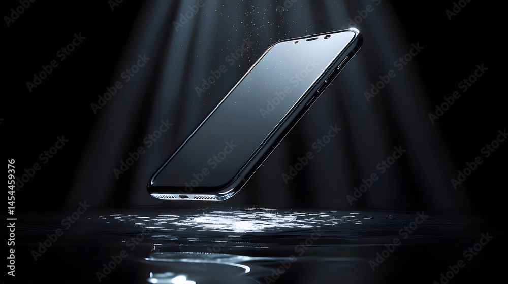 Poster 暗闇の中に浮かぶスマートフォン 光と影のコントラスト 黒色のデバイス モダンデザイン