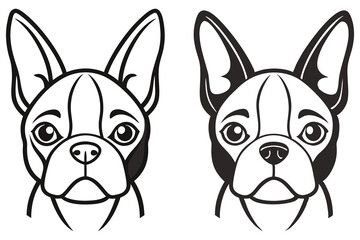 Two adorable French Bulldog faces present cute symmetrical black and white outlines, isolated on white