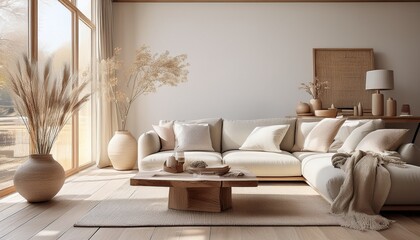 Helles Wohnzimmer im skandinavischen Stil mit Naturtönen