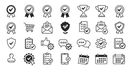 Assorted business icons ribbons shopping cart email shield clipboard like stamp gear