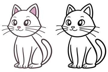 Cartoon illustration shows a cute kitten in both color and black outline versions