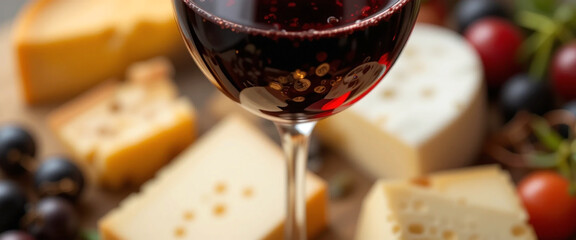 Closeup photo of red wine and cheese 