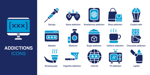 Addictions icon set. Containing Game addiction, Smartphone addiction, Shop addiction, Chocolate addiction, Internet, TV addiction and more. Solid vector icons collection. Vector illustration.