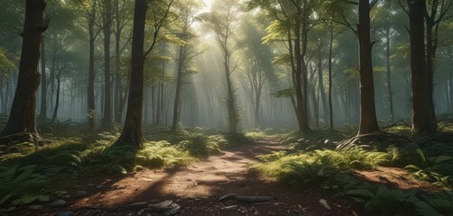 Obraz premium Sunlit canopy casts dappled light on forest floor, panoramic vista , fall, forest floor, wilderness