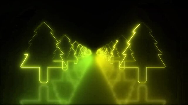 Flanked by two abstract, leafless trees outlined in vivid neon, the tunnel creates a striking contrast against a deep background