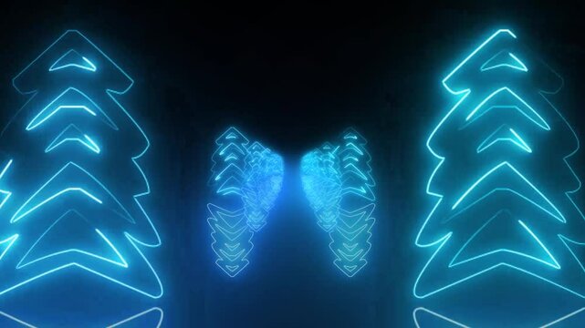 Flanked by two abstract, leafless trees outlined in vivid neon, the tunnel creates a striking contrast against a deep background