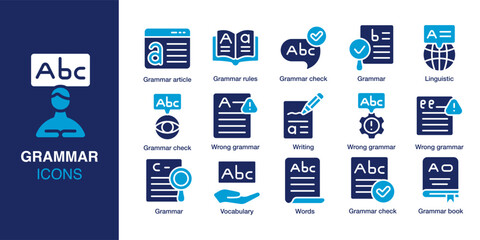 Grammar icon set. Containing grammar check, grammar article, vocabulary, writing, grammar book, and linguistic. Solid vector icons collection. Vector illustration.