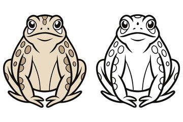 Adorable cartoon frog presents in color alongside a simple line art version, isolated