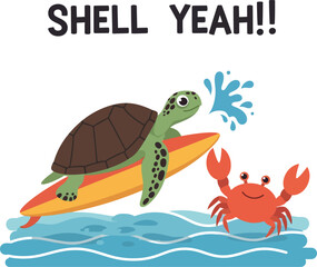 Obraz premium Surfing Turtle and Crab Cartoon Vector Illustration for T-shirt and Cup Printing Designs 