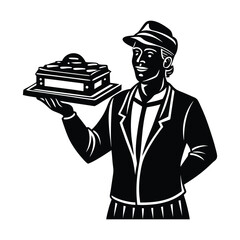 Latin American male street vendor silhouette with tray in selling pose clean vector design  