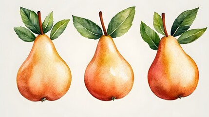 Three vibrant pears with watercolor leaves on a light background.