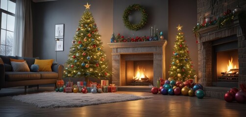 Fototapeta premium Sparkling Christmas tree, colorful baubles, fireplace setting, green, red