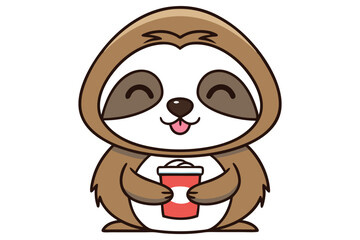 Adorable smiling sloth cartoon character embraces a coffee cup on a white background