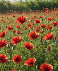Fototapeta premium Vibrant red poppies bloom in a sun-drenched summer meadow , summer, red poppies, botany