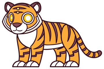 Standing cybernetic tiger with yellow eyes and three small dots appears confident on a white background