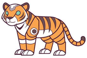 Cartoon robotic tiger standing shows orange and black stripes with glowing green eyes