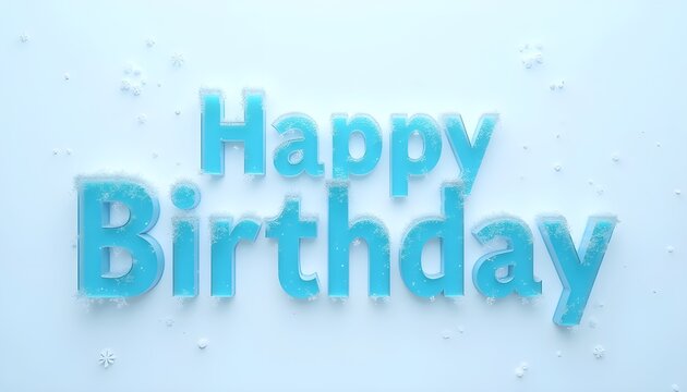The words "Happy Birthday" are rendered in a cool, icy blue, seemingly frosted with tiny white particles against a light blue background. - Powered by Adobe