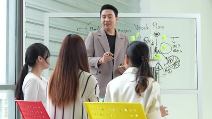 Asian team of professionals engaged in a dynamic brainstorming session to share Ideas for how to success growth and brainstorming and strategic planning. Ideas flow freely in this modern workspace.