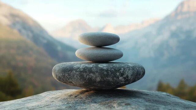 Three large rocks stacked on top of each other on a mountain. Concept of peace and tranquility, as the rocks are balanced on top of each other, seemingly defying gravity