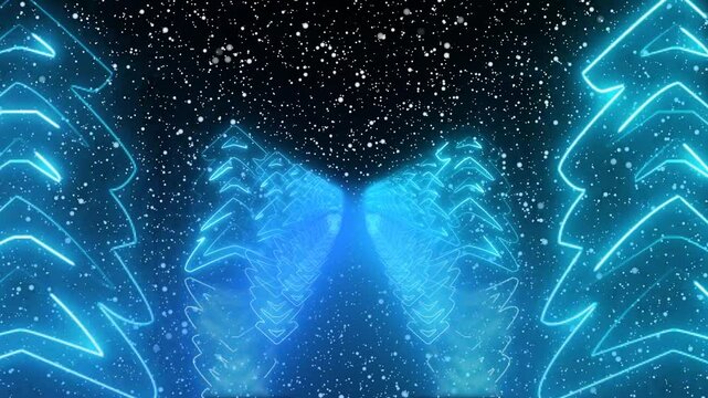 Flanked by two abstract, leafless trees outlined in vivid neon, the tunnel creates a striking contrast against a deep background