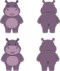 Cute cartoon hippo front and back view vector illustration ideal for t-shirt and print projects 
