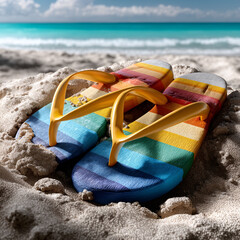 colorful flip-flops partially buried in soft golden sand, bright summer sunlight casting soft shadows


