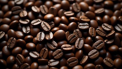 Close-up high-resolution image of roasted coffee beans with glossy texture, deep brown tones, and soft lighting enhancing rich, natural detail.
